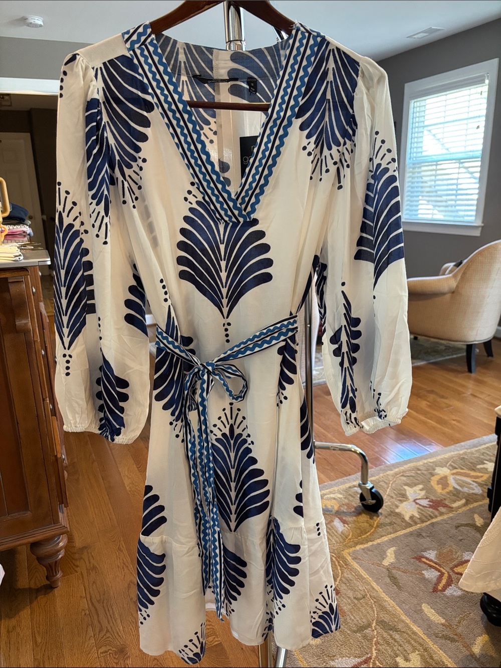 Mlle Gabrielle White Dress with Navy Leaf Motif and Tie Belt